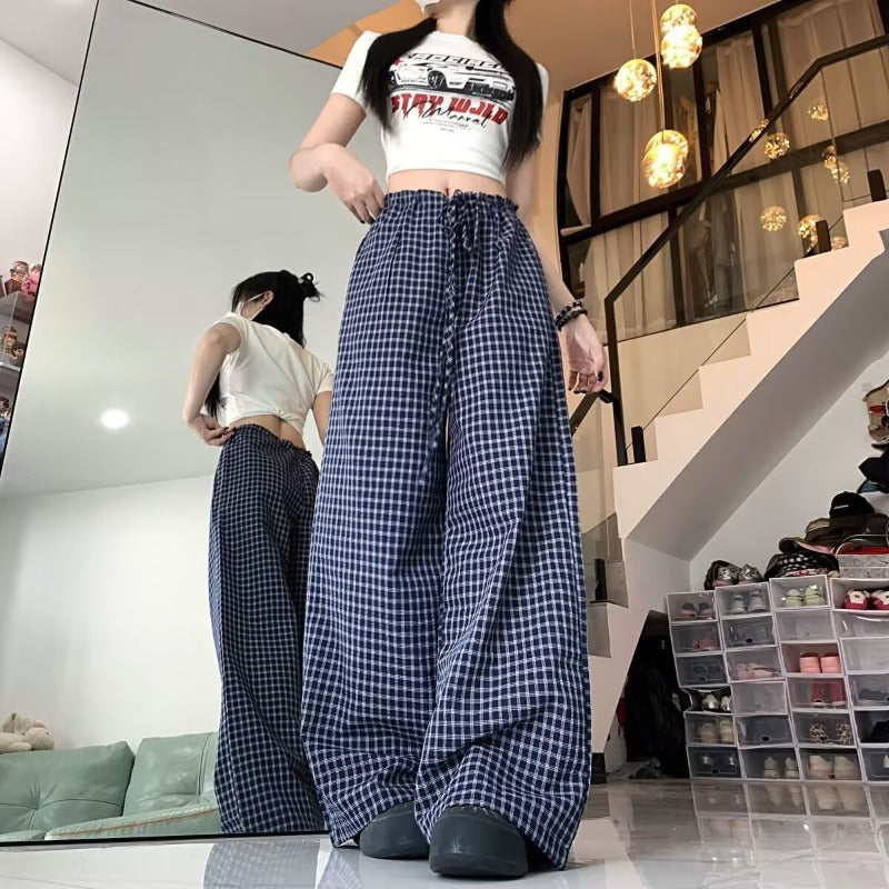 Women casual pant retrogrids pattern summer loose