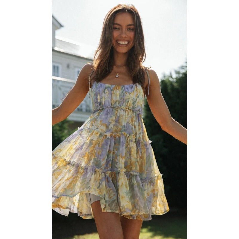 Women's dress - amazon spring/summer resort style sexy print high-end european and american spaghetti strap dress with lining