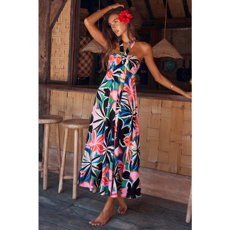 Women's dress - standalone e-commerce site - cross-border fashion - european & american summer dress - halter neck sleeveless printed a-line bohemian maxi dress for women