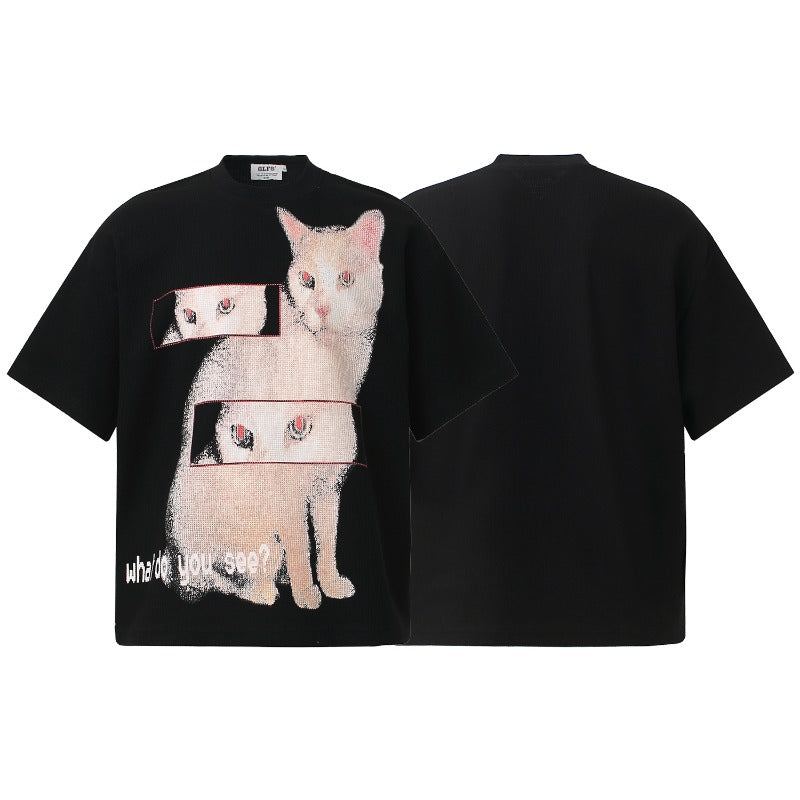 Men t shirts t american retrocouple street trendy waffle grids fabric cat design high street men's loose small round neck t-shirt