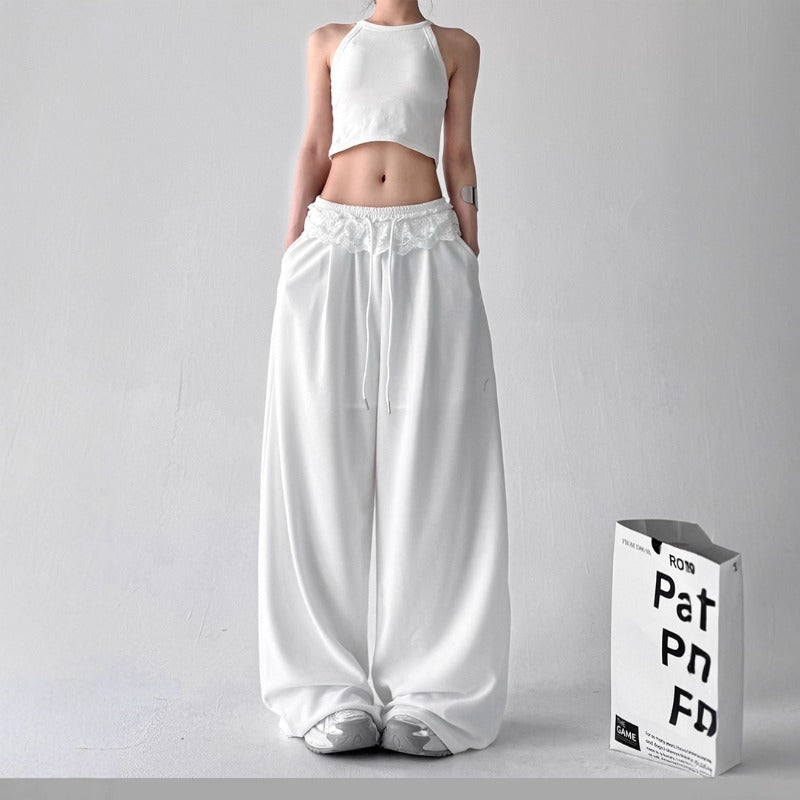 Women casual pants women's summer solid color loose lace drawstring trousers