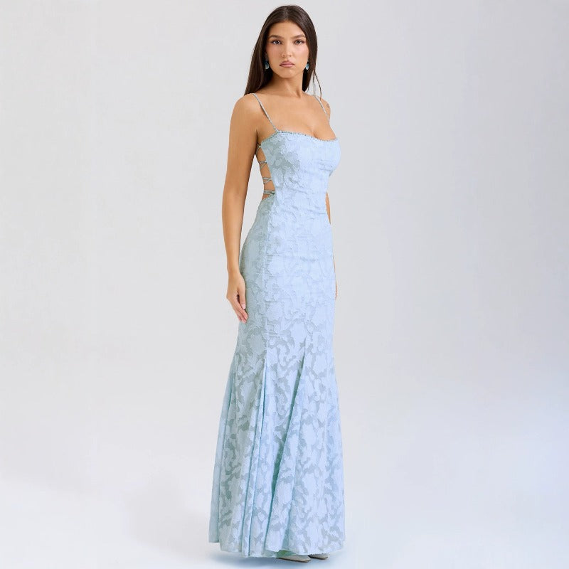 Women's dress - european & american style, sexy, slimming, backless, amazon-inspired bandeau, cinched waist, long formal gown