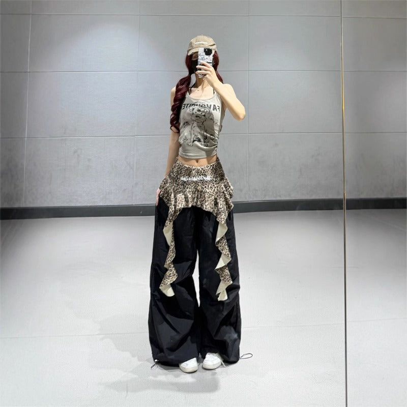 Women casual pants women's summer wide fake two-piece leopard print fart curtain splicing wide-leg pants