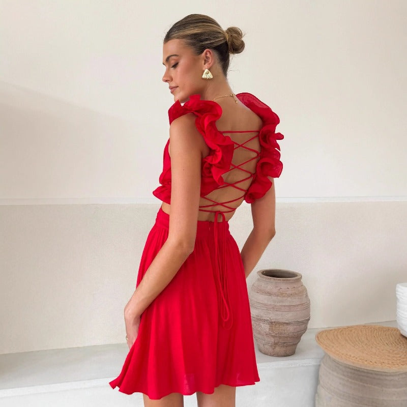 Women's dress - european & american style - wholesale women's clothing - cross-border e-commerce - amazon summer solid color v-neck high-waisted dress