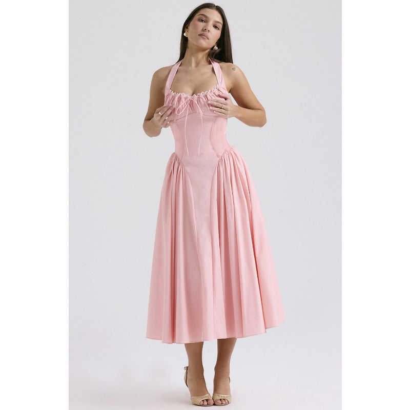 Women's summer slim-fit camisole maxi dress - european & american style fashion print halter neck lace trim dress