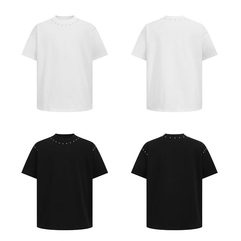 Men's t-shirts: american streetwear summer style - deconstructed solid color premium beaded design short sleeve tee