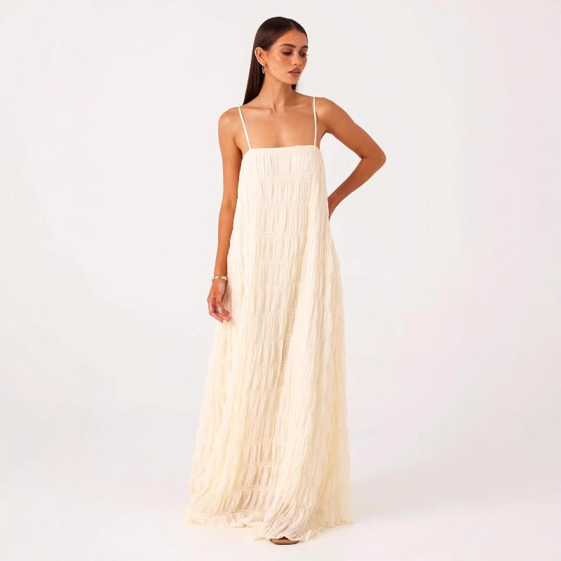 Women's dress - summer european & american style - backless, ruched, breathable, tie-up, ruffle hem maxi dress