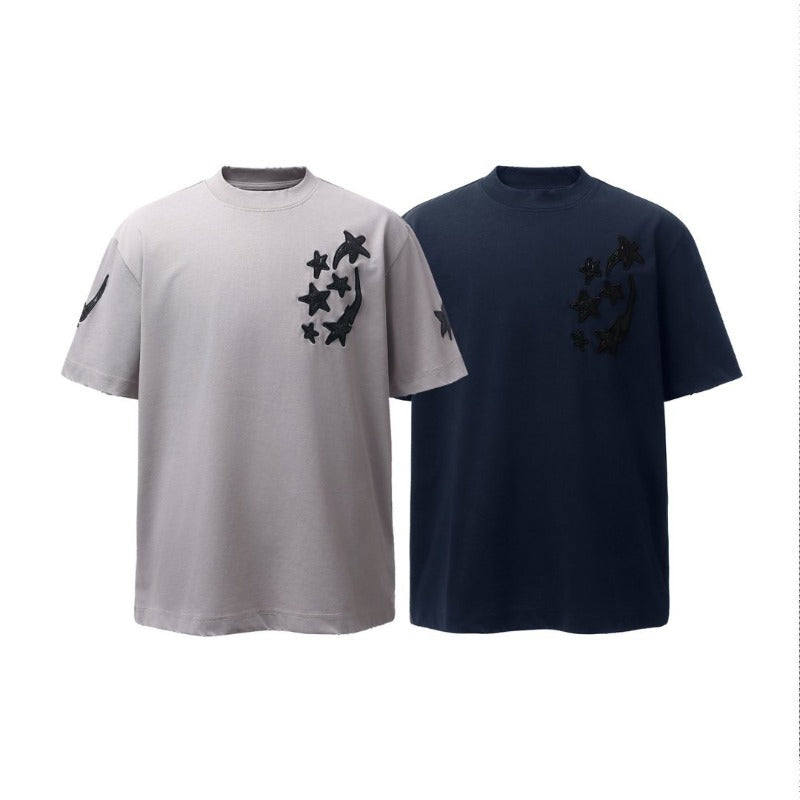 Men's t-shirts: american retro heavyweight double yarn embroidered graphic crew neck design, men's high street oversized short sleeve tee