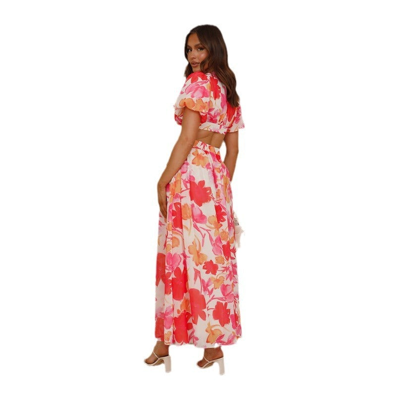 Women's dress - cross-border fashion, european & american export, independent website, spring/summer fresh & elegant floral print, maxi swing dress with open back design