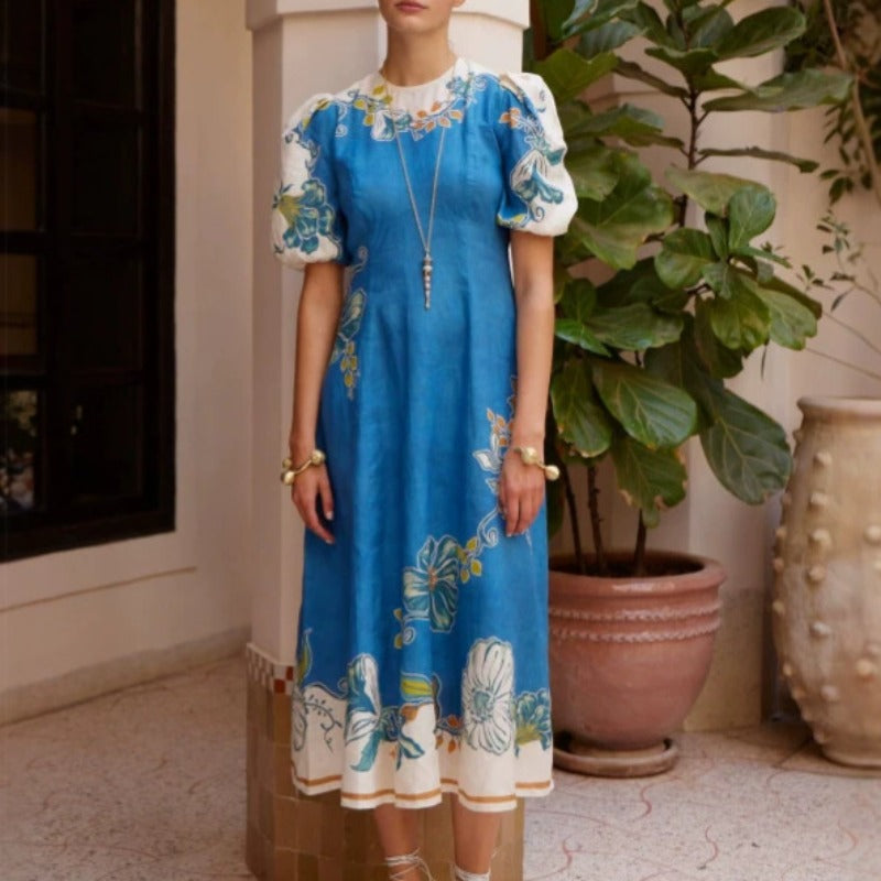 Women's dress: european and american cross-border independent station aliexpress personalized floral linen lantern sleeve fashionable cinched waist round neck dress