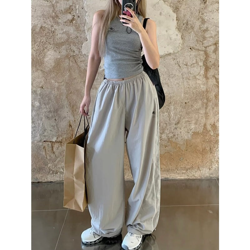 Women casual pants retro contrasting color high waist women's summer loose sweatpants