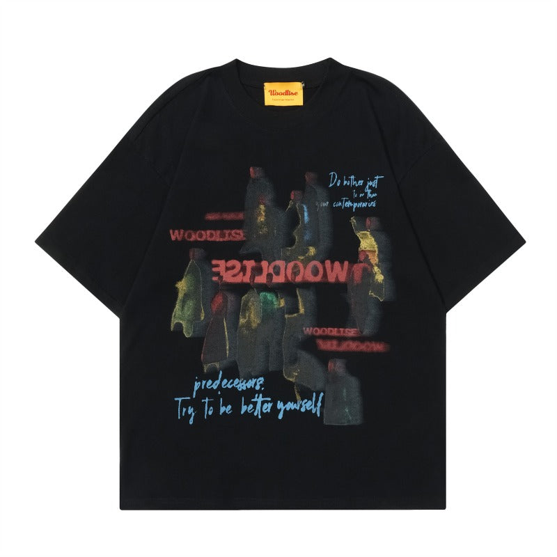 Men t shirts wt mankun spring american high street trendyretro shadow portrait back design loose short-sleeved t-shirt
