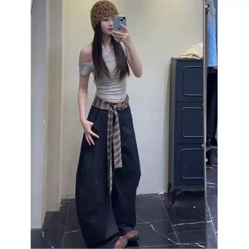 Women casual pants summer women's splicing plaid belt wide leg pants
