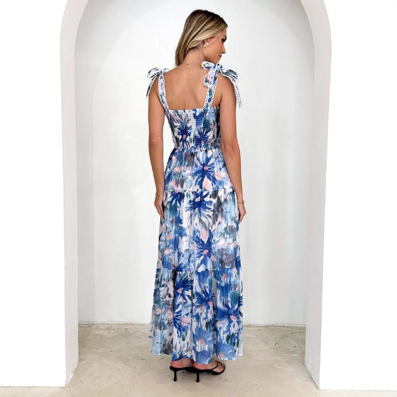Women's dress spring and summer women's clothing cross-border suspenders elastic waist shoulder straps large swing long printingdress skirt women