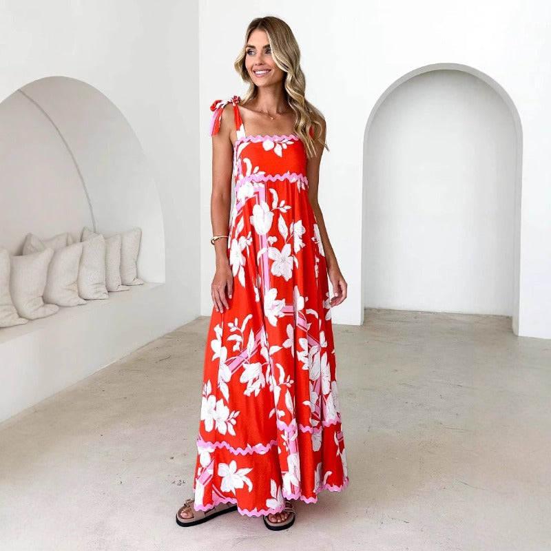 Women's dress - cross-border e-commerce, european & american style, floral print, wavy tie-up straps, a-line dress, elegant women's dress