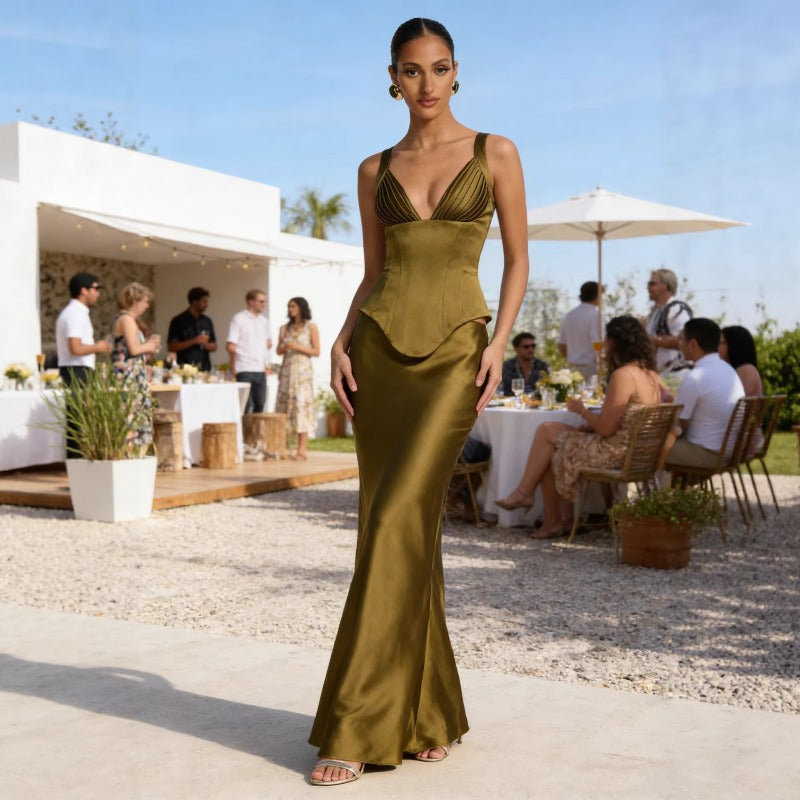 Women's dress: bestselling european and american long dress - fashionable, sexy, versatile bodycon long satin midi skirt set