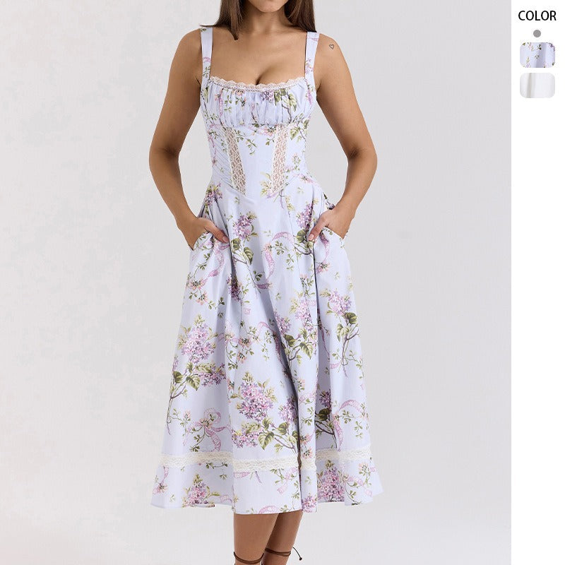 Women's dress: amazon cross-border fashion, european & american style, elegant, gentle, slimming, floral print, spaghetti strap, fairy-like dress for women