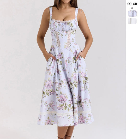 Women's dress: amazon cross-border fashion, european & american style, elegant, gentle, slimming, floral print, spaghetti strap, fairy-like dress for women