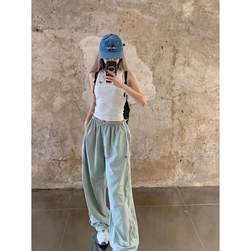 Women casual pants retro contrasting color high waist women's summer loose sweatpants