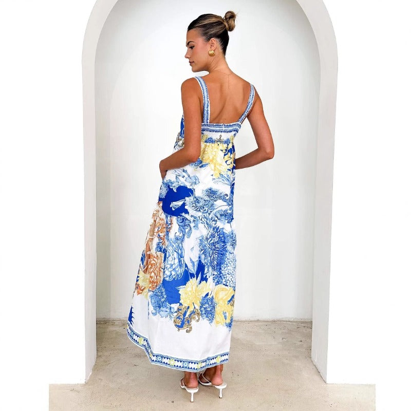 Women's dress - ready-to-ship summer collection: european & american style, cross-border, vacation-inspired maxi dress with placement print and spaghetti straps