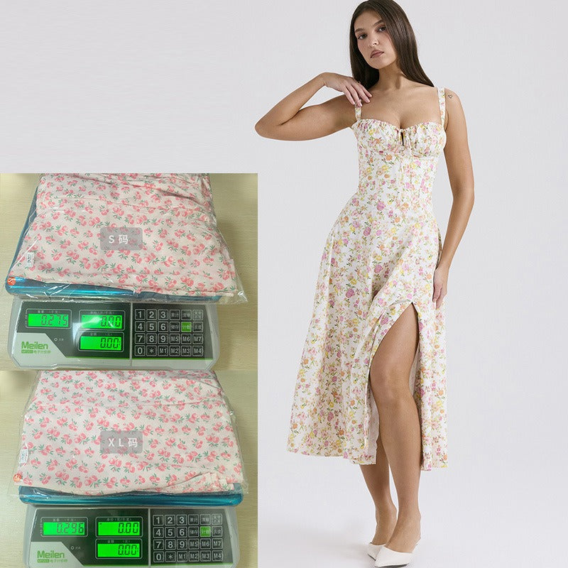 Women's dress: european and american cross-border summer sexy backless slim-fit cami dress, vacation-style floral print slit midi dress