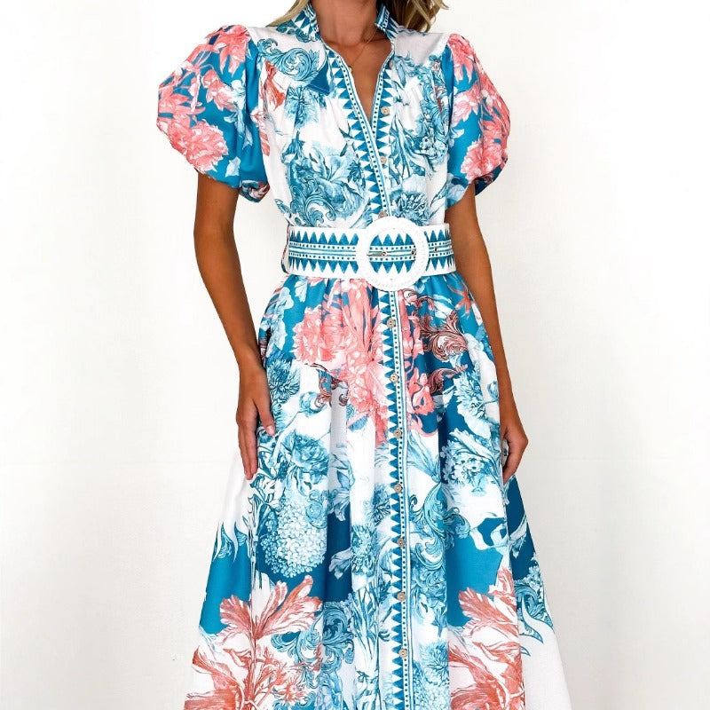 Women's dress - cross-border ready stock - amazon summer fashion casual tie-waist printed maxi dress