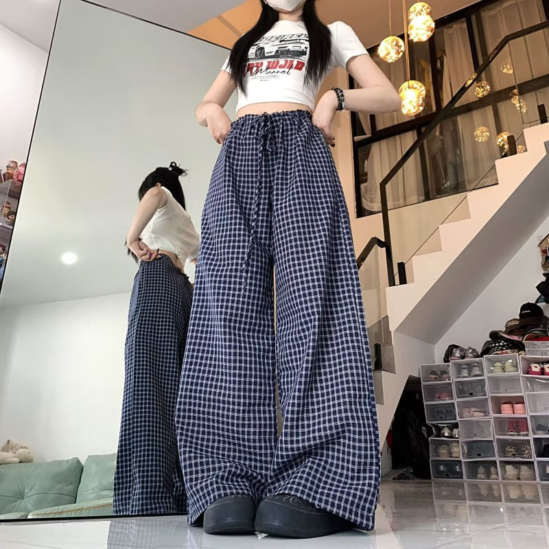Women casual pant retrogrids pattern summer loose