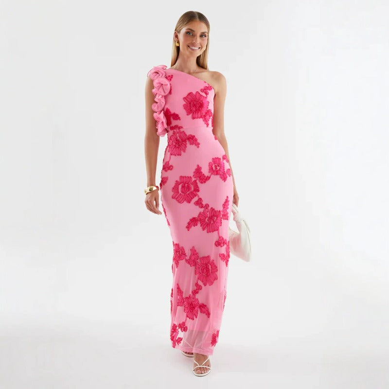 Women's dress - export, asymmetrical neckline, european & american style, amazon new arrival for summer, fashionable spaghetti strap bodycon dress, sexy 3d floral appliqué