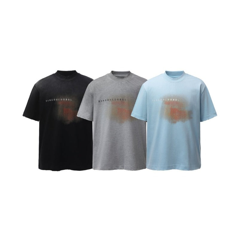 Men's t-shirts: american retro heavyweight double yarn distressed print design, men's high street loose fit short sleeve tee