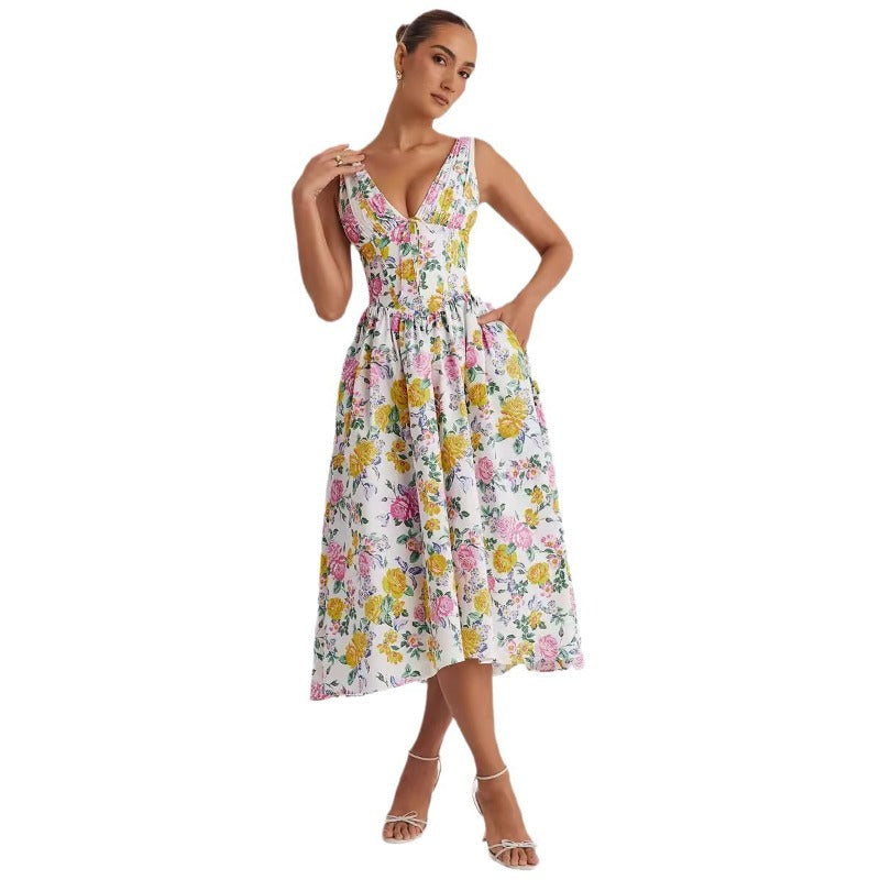 Women's dress - summer export, elegant v-neck, cinched waist, sleeveless, floral print, vacation dress, midi length