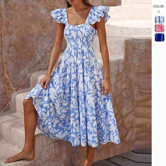 Women's floral print bohemian dress - summer short sleeve square neck maxi dress for cross-border fashion