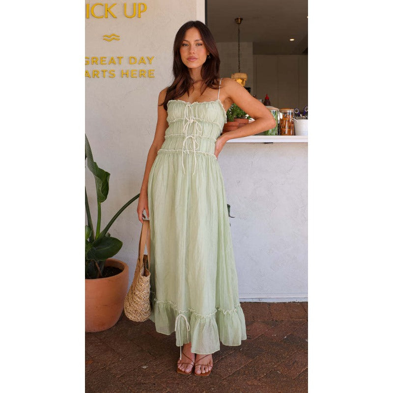 Women's a-line dress - spring/summer collection for cross-border e-commerce: european & american style, casual vacation look with lace trim, high-waisted spaghetti strap dress