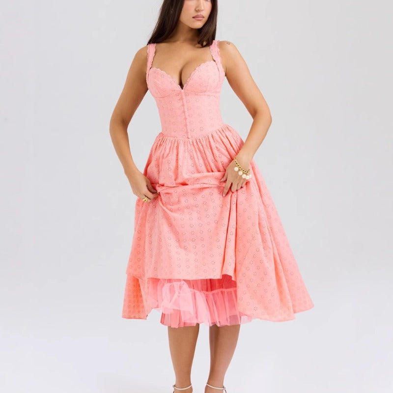 Women's dress - new arrival: solid color embroidered soft mesh, heavily detailed, sexy, slim-fit cami dress - perfect for cross-border e-commerce on amazon and independent websites