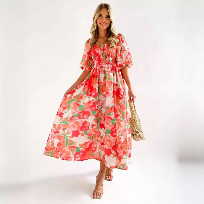 Women's dress - hot selling european & american style dress for amazon - summer elegant square neck printed puff sleeve maxi dress