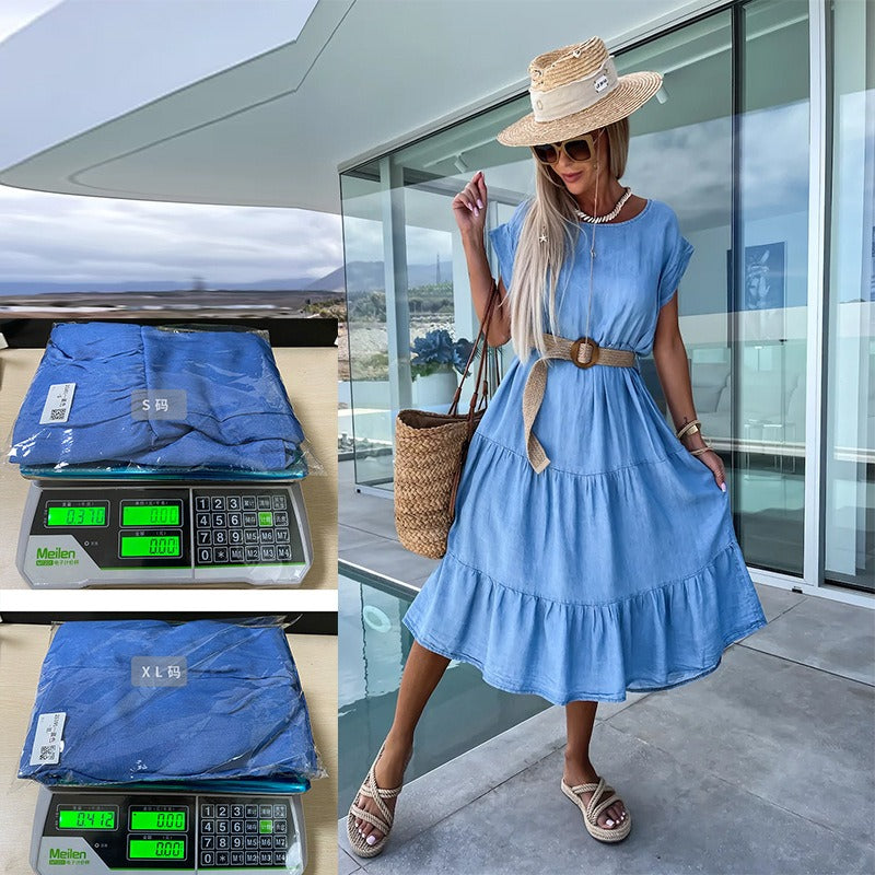 Women's dress - european & american cross-border fashion: spring/summer slim-fit, minimalist round neck, solid color dress (belt not included)