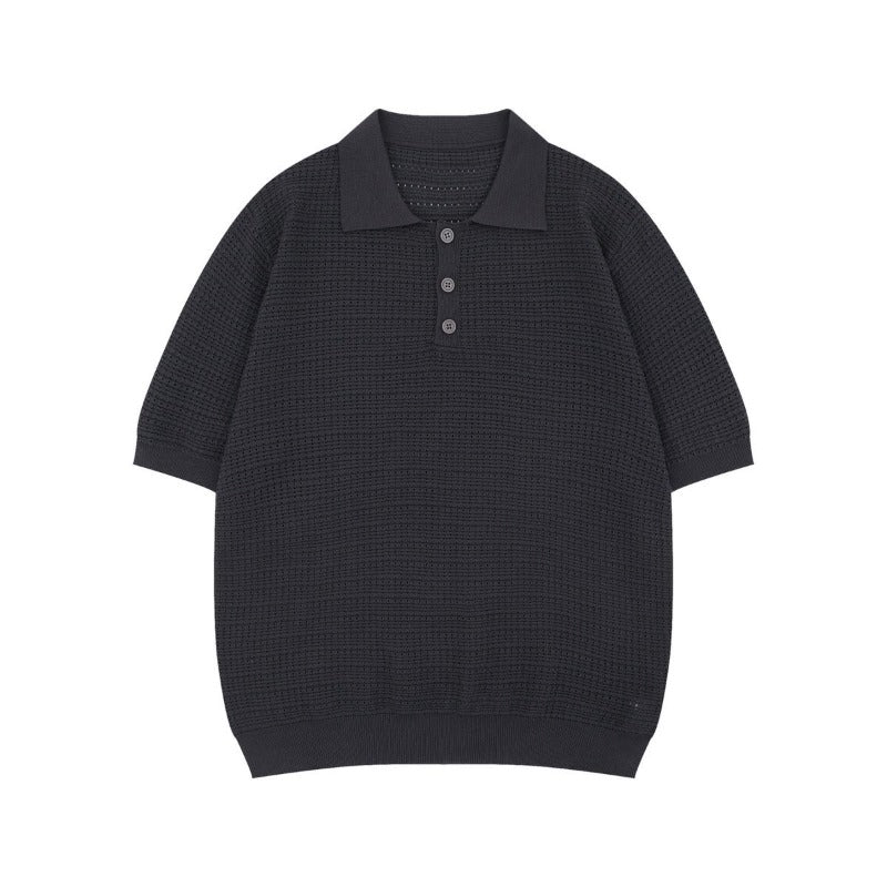 Men t shirts american summer street trendy old money style retropure color design loose men's lapel knitting shirt short sleeve t-shirt