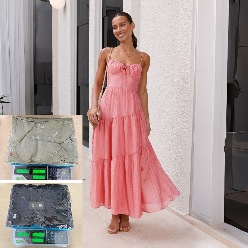 Women's dress - cross-border european & american style, patchwork camisole maxi dress with open back, tie detail, and full skirt. fully lined