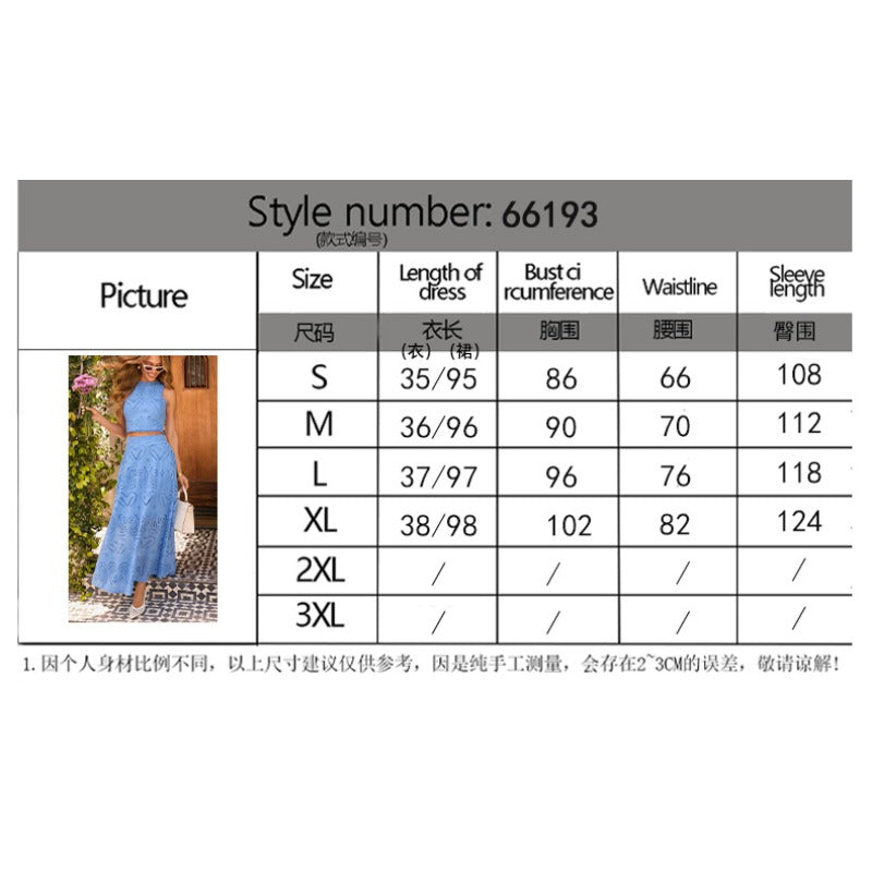 Women's dress - cross-border autumn european style sleeveless embroidered hollow-out lace maxi dress vacation set (two-piece)