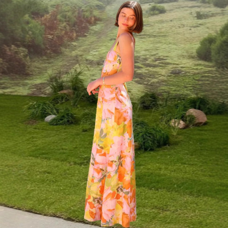 Women's dress - ready stock for export, summer collection, european & american style, cross-border vacation look, spaghetti strap maxi dress with floral print and flared hem