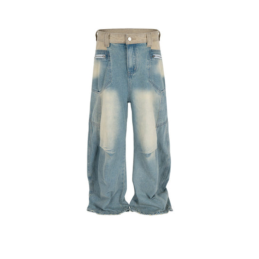 MIJKO Men Vintage Pants MIJKO washed and old design jeans men's and women's straight-leg pants