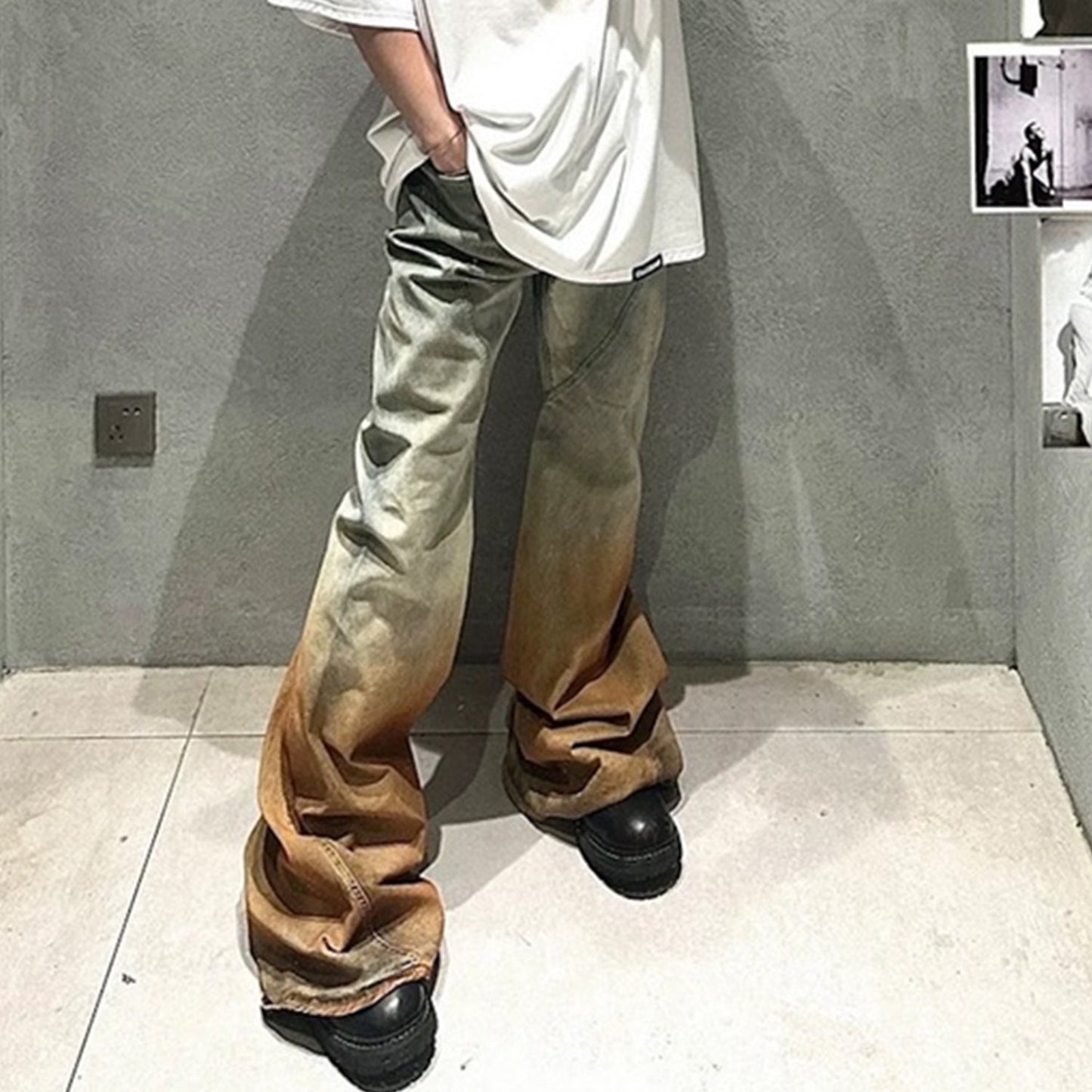 MIJKO Mens Vintage Pants MIJKO Mens Women's RICK Trousers Wide Feet Old Micro-pull Jeans