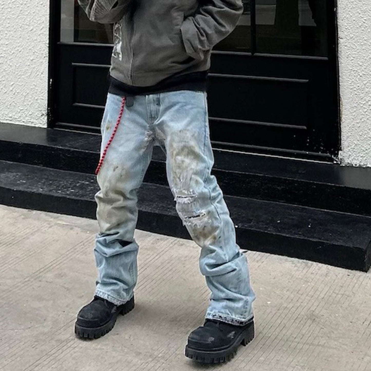 MIJKO Men's Vintage Pants MIJKO Men's Women's Micro-pull Pants Old Splicing Jeans