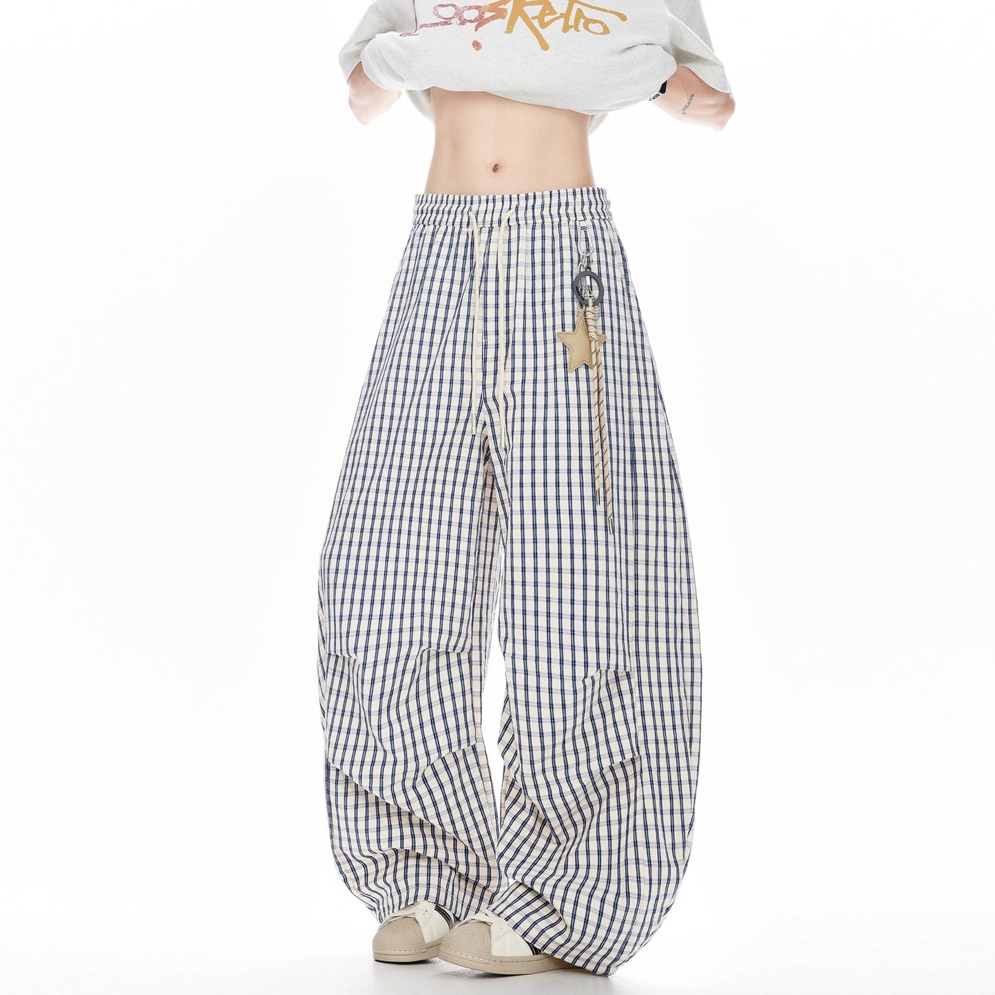 Women casual pants with star pendant plaidsummerloose