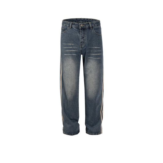 MIJKO Men's Vintage Pants MIJKO Splicing Pants Men's and Women's Washed Straight Jeans
