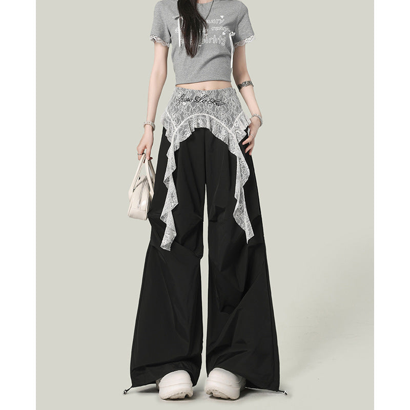 Women casual pants lace stitching fake two pieces women summer loose