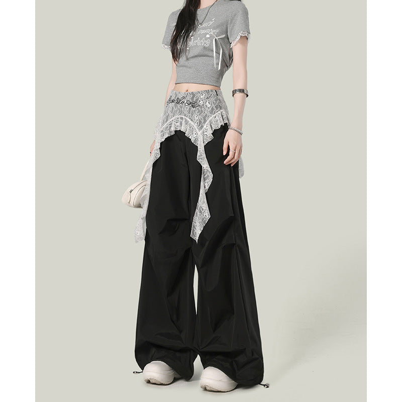Women casual pants lace stitching fake two pieces women summer loose