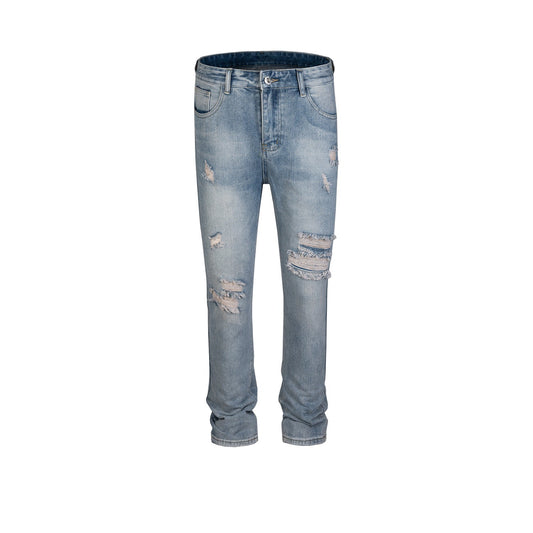 MIJKO Men's Vintage Pants MIJKO washed trousers men's and women's ripped slim-fitting old jeans