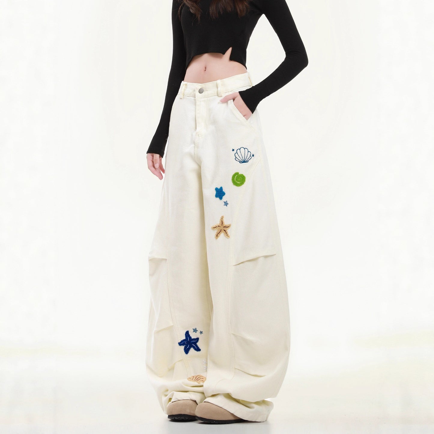 Women casual pant embroider cartoon loose