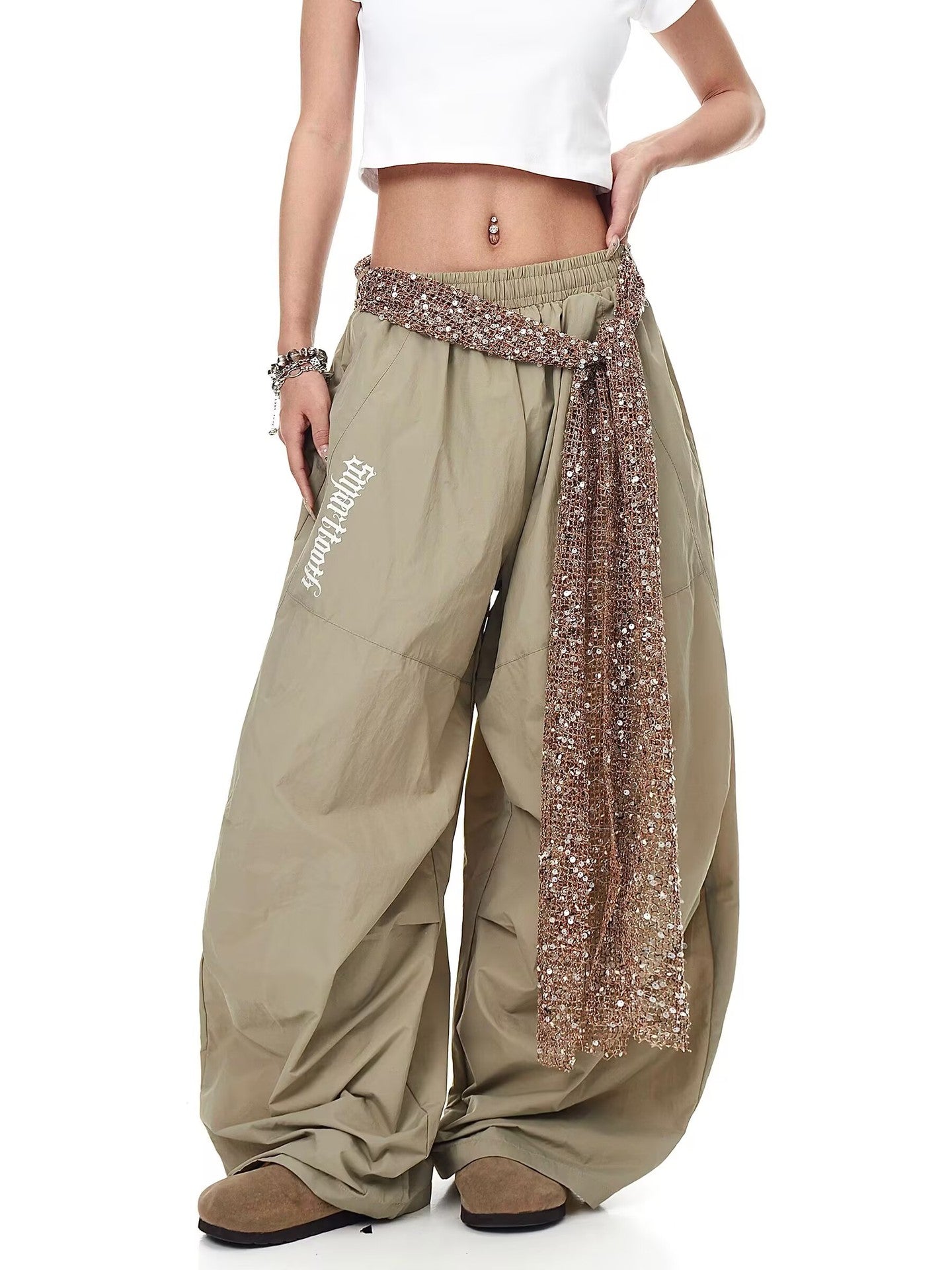 Womens casual pants retro belt loose casual hip hop scimitar pants