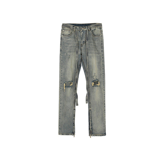 MIJKO Men Vintage Pants MIJKO Knee Ripped Pants Zipper Pants Jeans